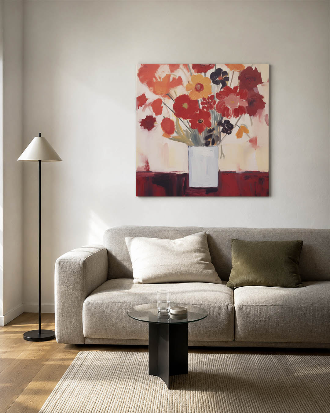 Compositie kunstwerk – detailweergave – dit werk toont een boeket bloemen in een vaas. De warme kleuren en vloeiende