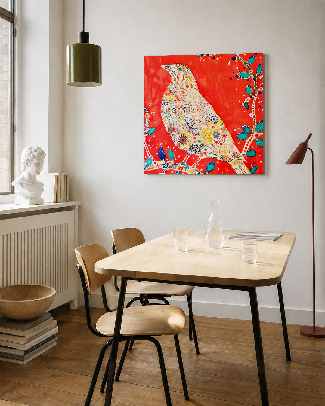 Vogel met bloemenpatroon kunstwerk – vierkante wanddecoratie – dit kunstwerk toont een vogel met een kleurrijk bloemenpatroon