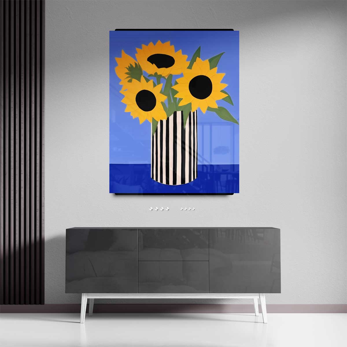 Zonnige Zonnebloemen in Streepjesvaas – canvas kunstwerk als wanddecoratie