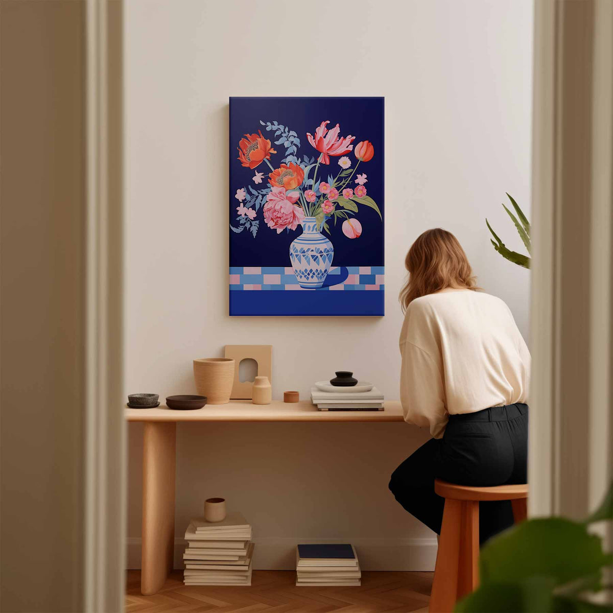 Bloemenpracht in Blauwe Vaas – plexiglas kunstwerk als wanddecoratie