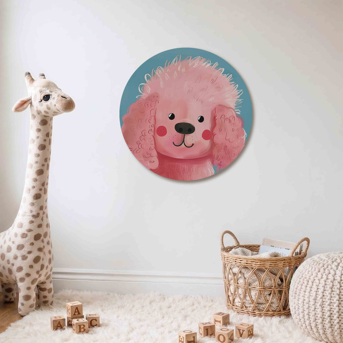 Roze hond Muurcirkel – Een roze hond met krullend haar en rode wangen tegen een blauwe achtergrond.
