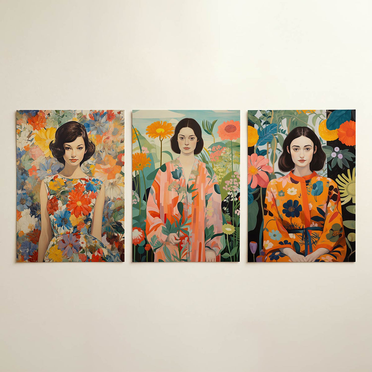 Bloemenexplosie portret posterset – detailweergave – een vrouw omringd door een zee van kleurrijke bloemen