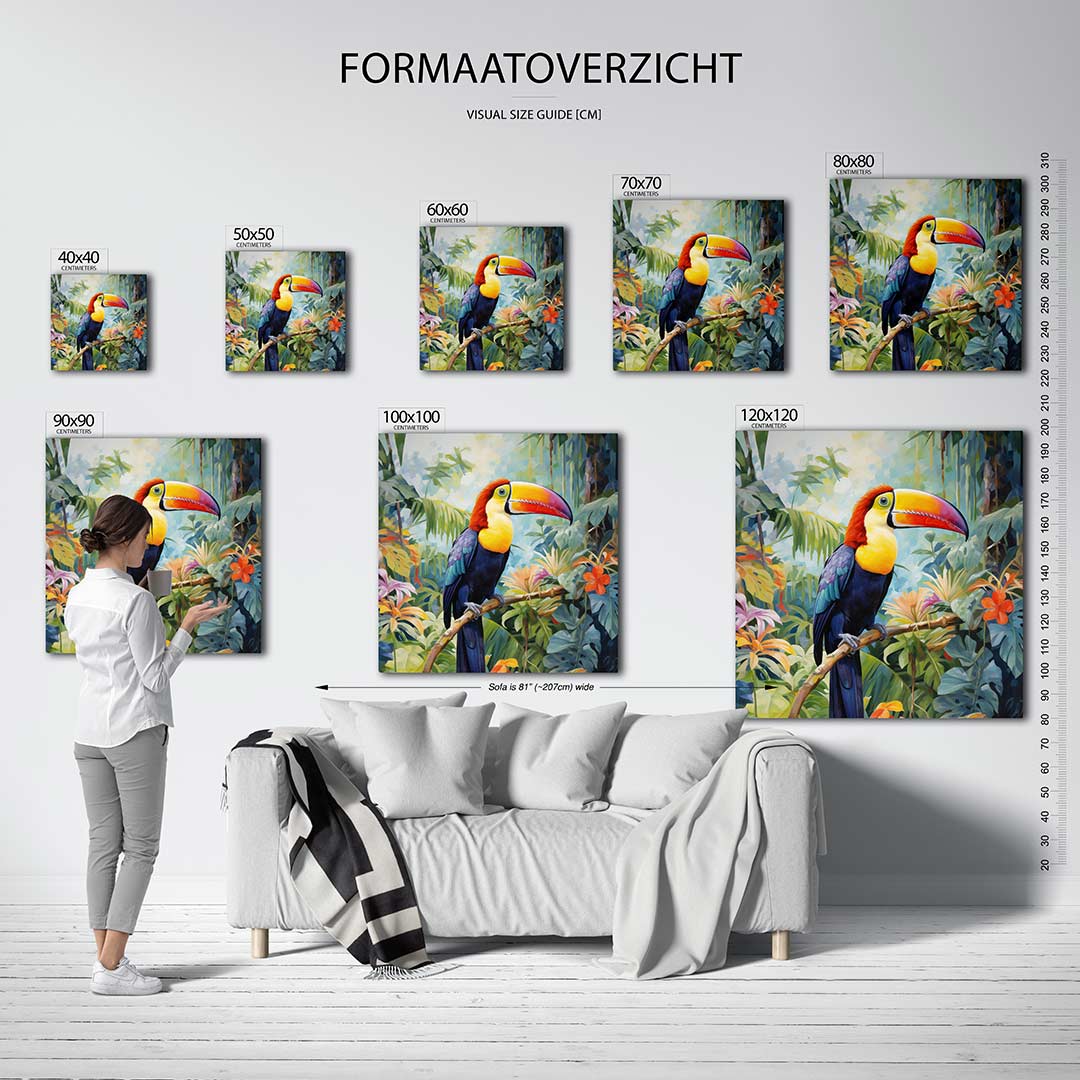 Vrolijke toekan kunstwerk – dit kunstwerk toont een kleurrijke toekan in een weelderige jungle, met levendige bloemen en