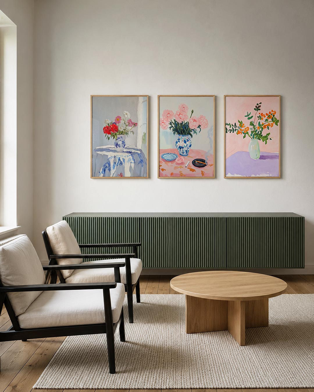 Tafel met bloemen posterset – tweede productweergave – een vaas met kleurrijke bloemen op een tafel met blauw-wit