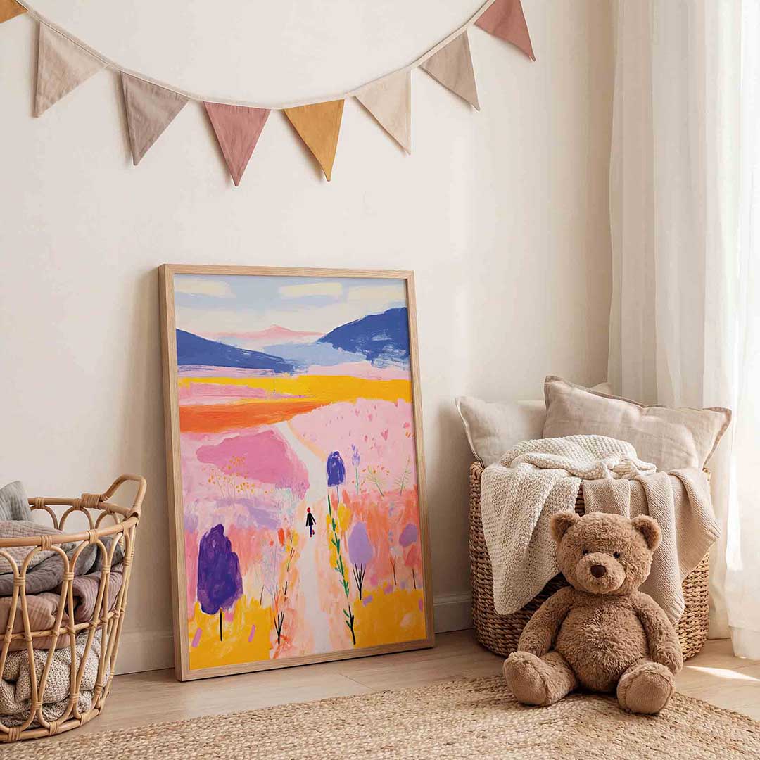 Landschap met wandelaar – speelse wandkunst als portret kinderposter