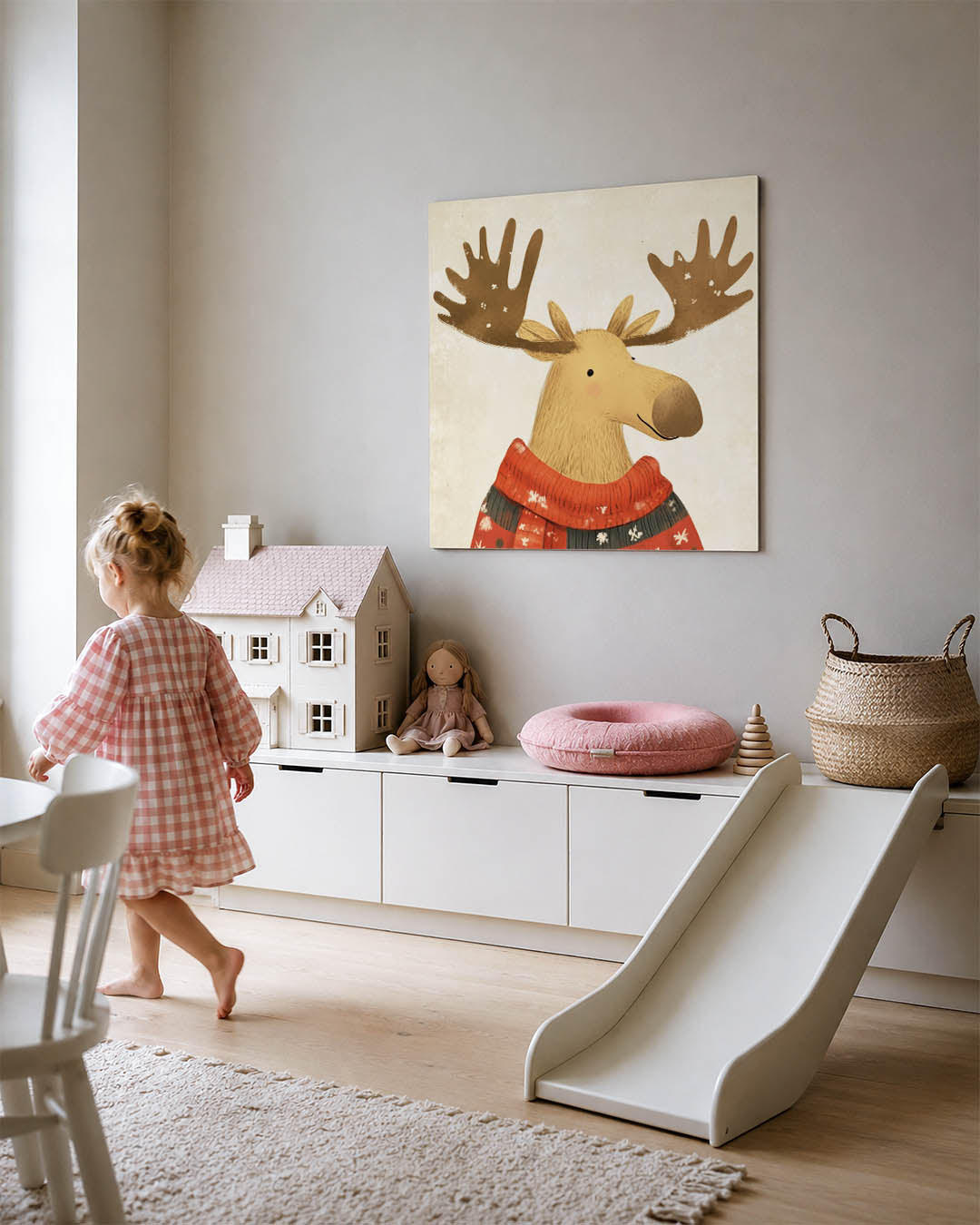 Vrolijke eland illustratie kunstwerk – tweede productweergave – dit werk toont een eland met grote geweien, gekleed in een