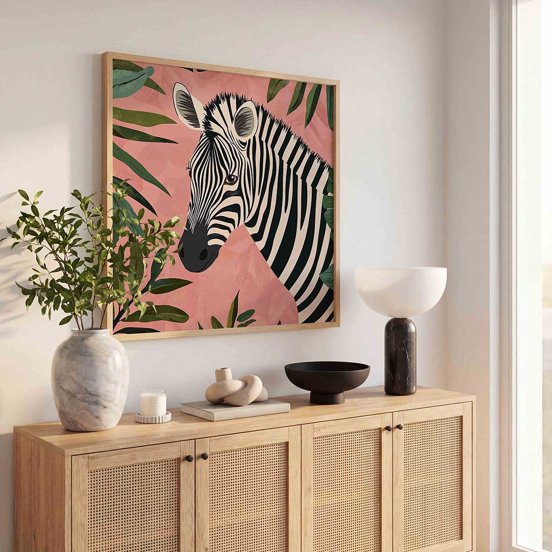 Zebra en bladeren – dierenillustratie als vierkante poster