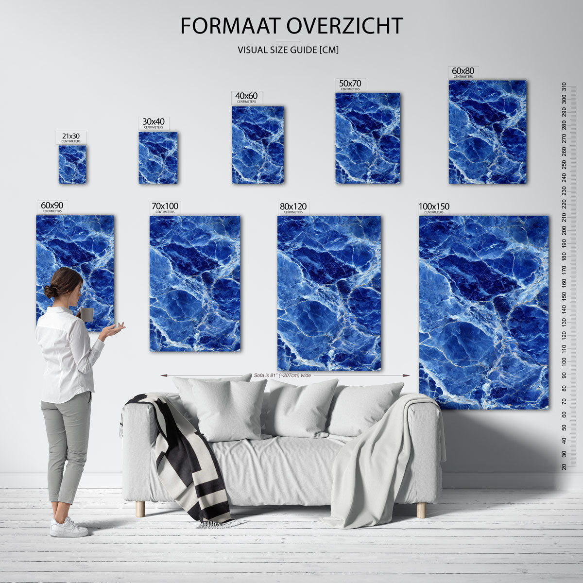 Blauwe marmerstructuur – staande muurposter met abstracte vormen