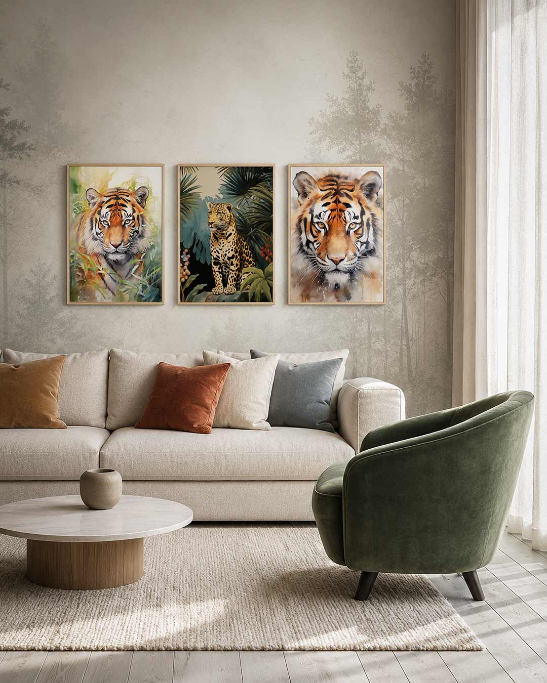 Tijger in kleuren driedelige posterset – deze posterset toont een majestueuze tijger omringd door