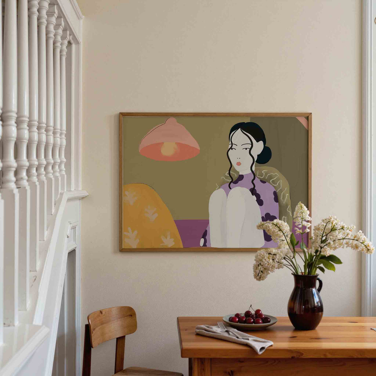 Vrouw met lamp – liggende illustratie poster als wanddecoratie