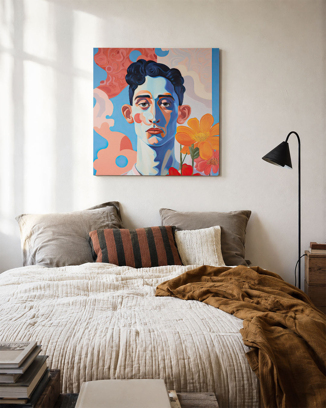 Portret kunstwerk – detailweergave – dit werk toont een portret met vloeiende lijnen en levendige kleuren. De compositie