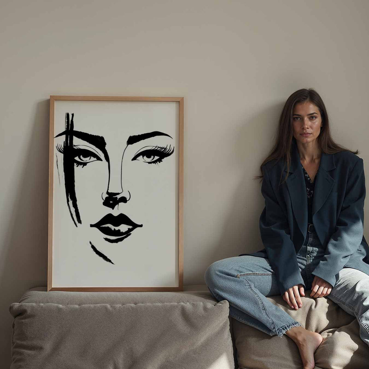 Elegante Zwart-Wit Gezichtslijn – Streetart wandkunst als portret poster