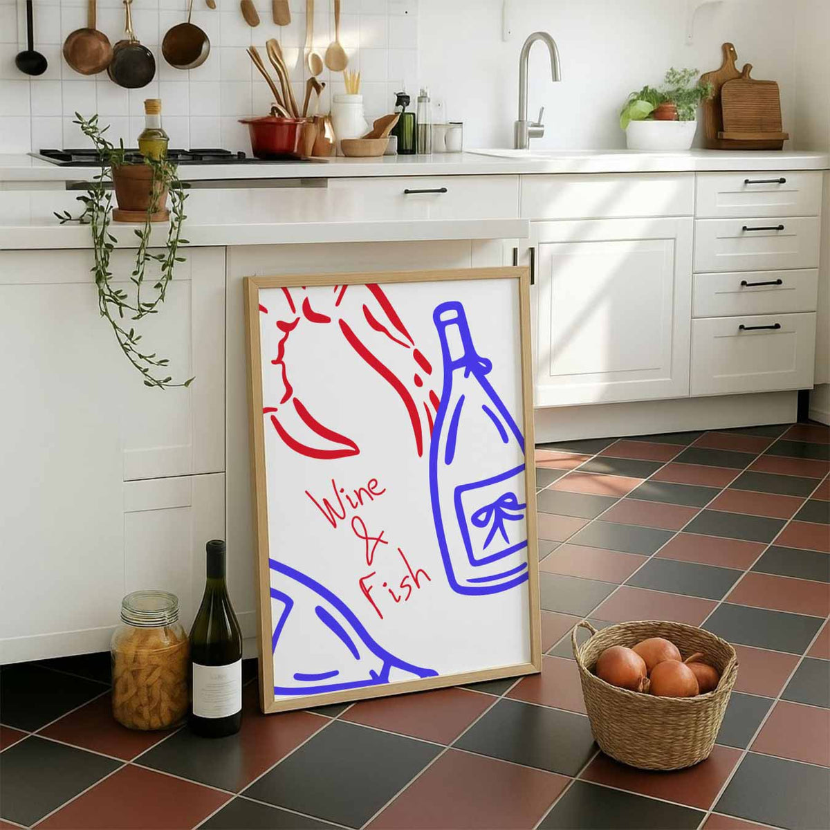 Wijn & Vis Stijlvolle – staande muurposter voor keuken of eethoek