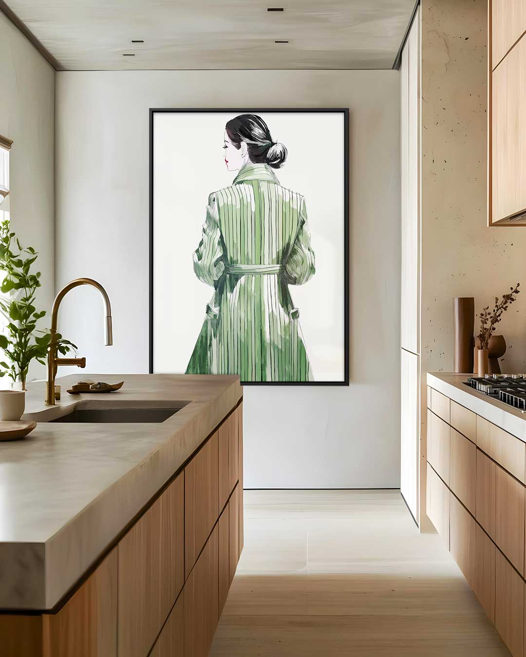 Elegante Gestalte in Groene Jas – dibond wanddecoratie in staand formaat