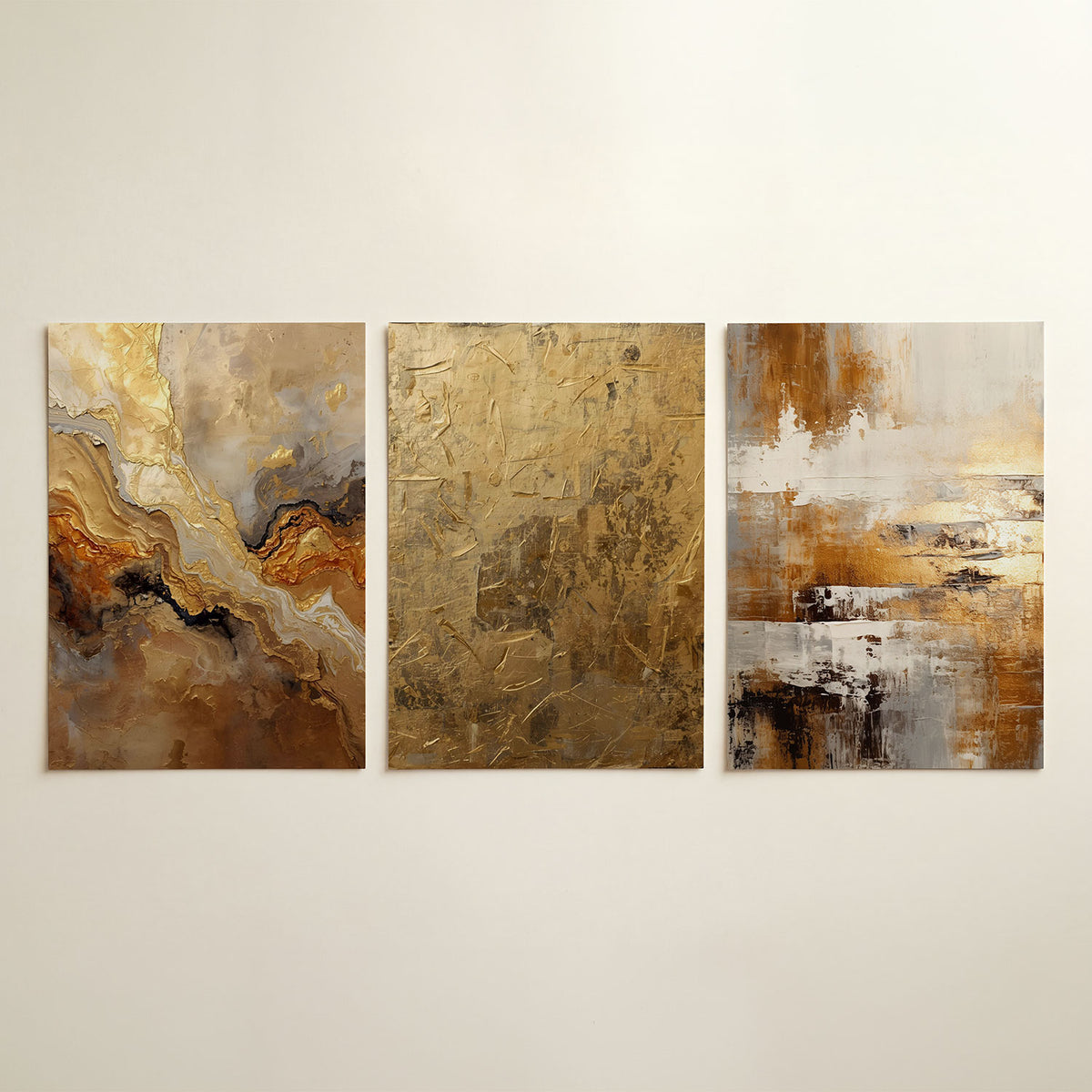 Gouden vormenstroom posterset – detailweergave – deze afbeelding toont een vloeiende beweging van gouden en