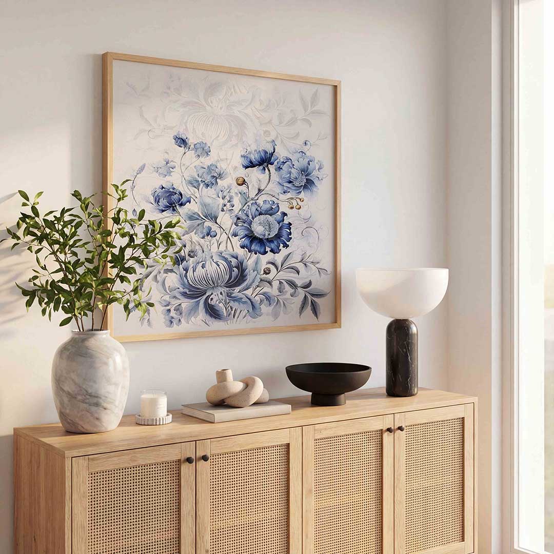 Blauwe bloemen – bloemen wandkunst als vierkante poster
