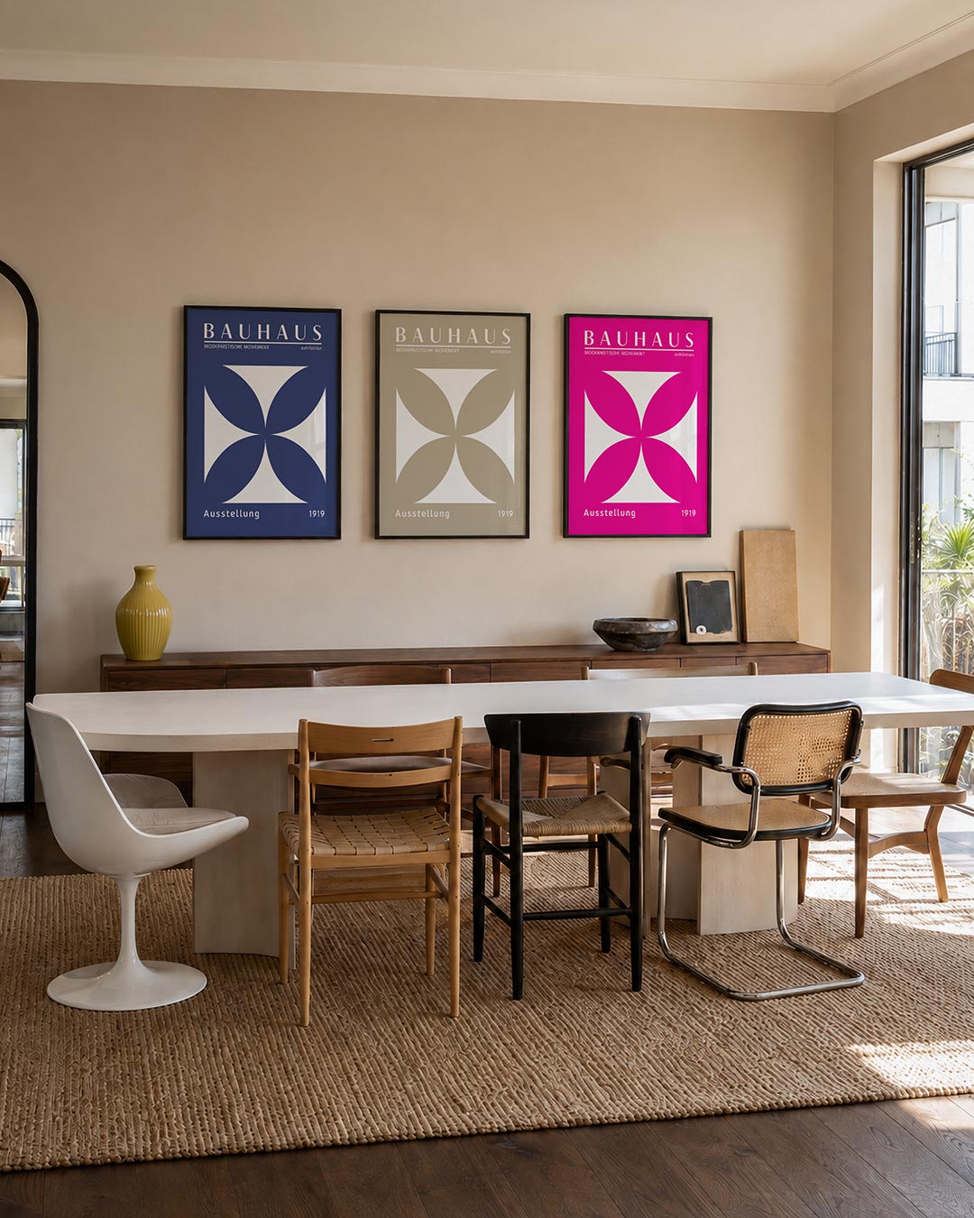 Vorm en balans driedelige posterset – deze posterset in drie delen toont een harmonieus lijnenspel van witte en blauwe