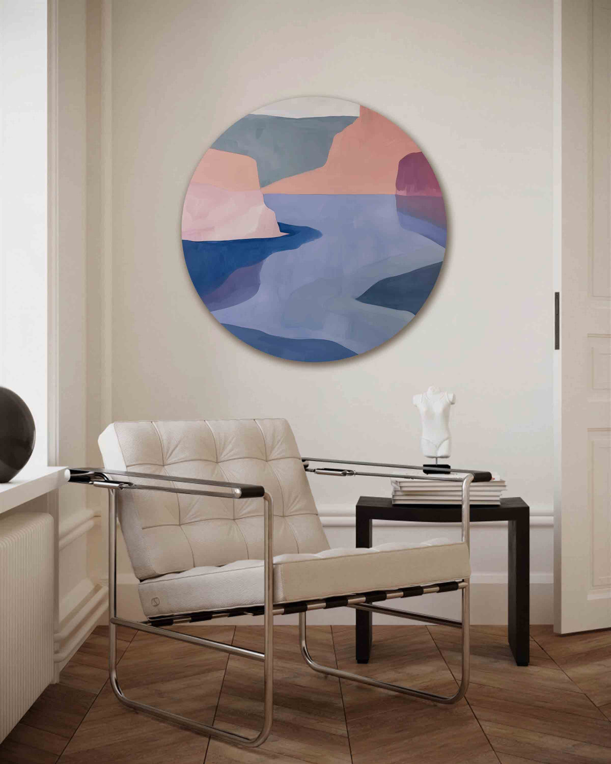 Landschap in zachte tinten – kleurrijke muurcirkel als ronde wanddecoratie