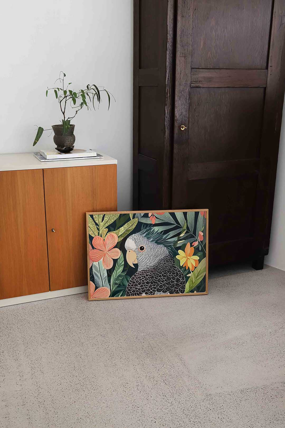 Papegaai en bloemen – dierenillustratie als landscape poster