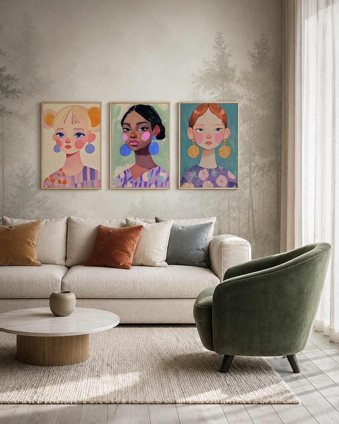 Kleurrijke portretvibes driedelige posterset – een speelse compositie met zachte pasteltinten