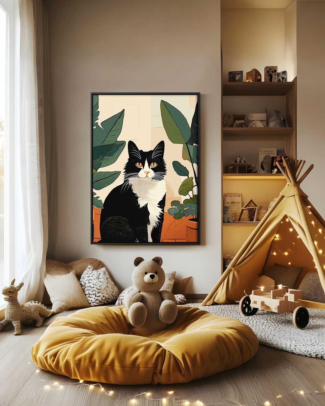 Kat tussen Planten – canvas wanddecoratie in portret formaat