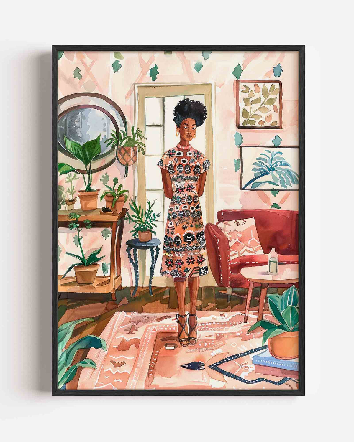 Vrouw in interieur – kleurrijke illustratie portret poster als wanddecoratie