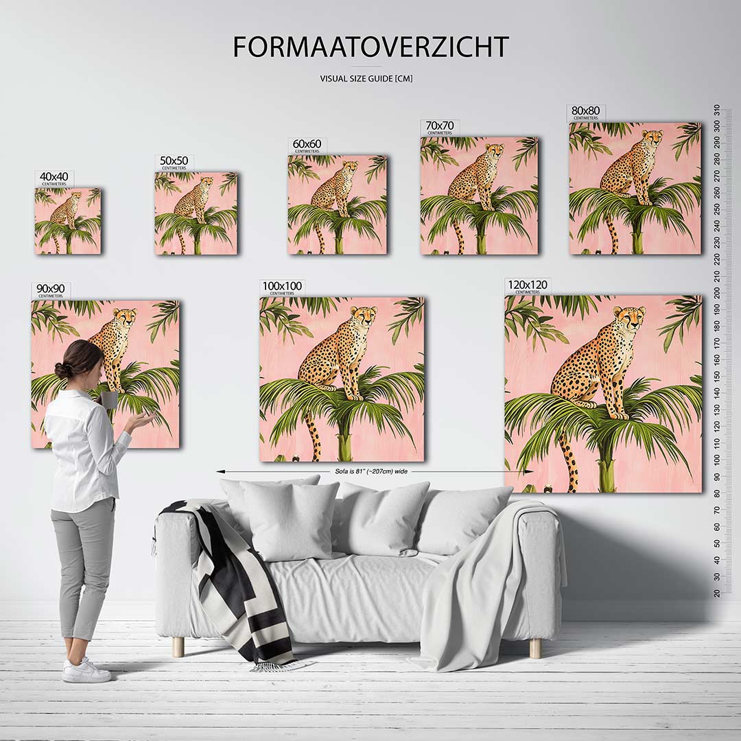 Luipaard op palm kunstwerk – dit werk toont een luipaard zittend op een palmboom tegen een roze achtergrond. De groene