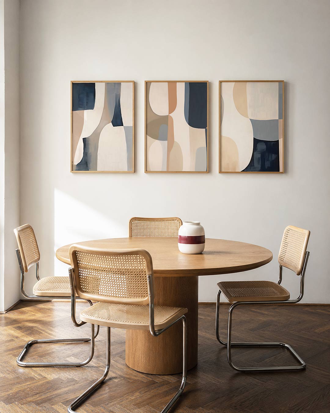 Vorm en kleurenspel – driedelige posterset in interieur
