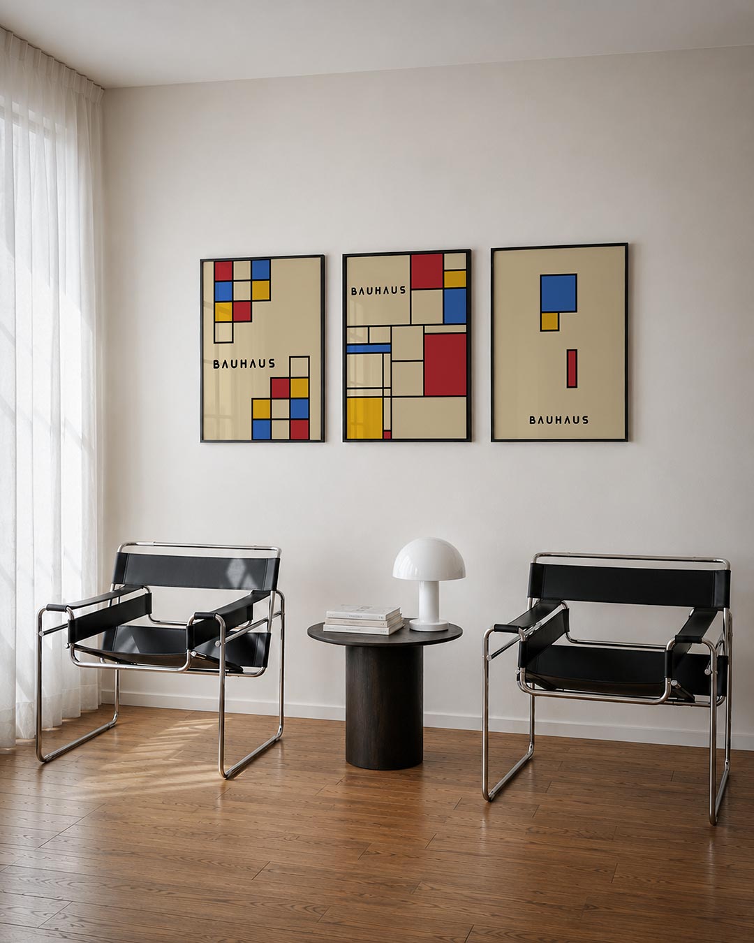 Kleur en lijnenspel driedelige posterset – deze posterset in drie delen toont een speelse ordening van vierkante kleurvlakken