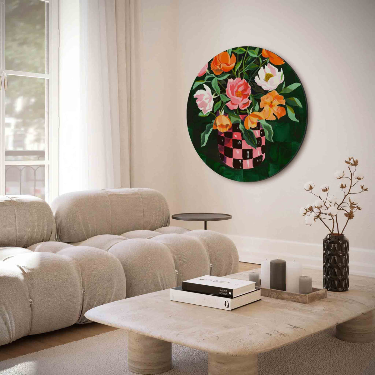 Bloemen in vaas – illustratie muurcirkel als ronde muurdecoratie