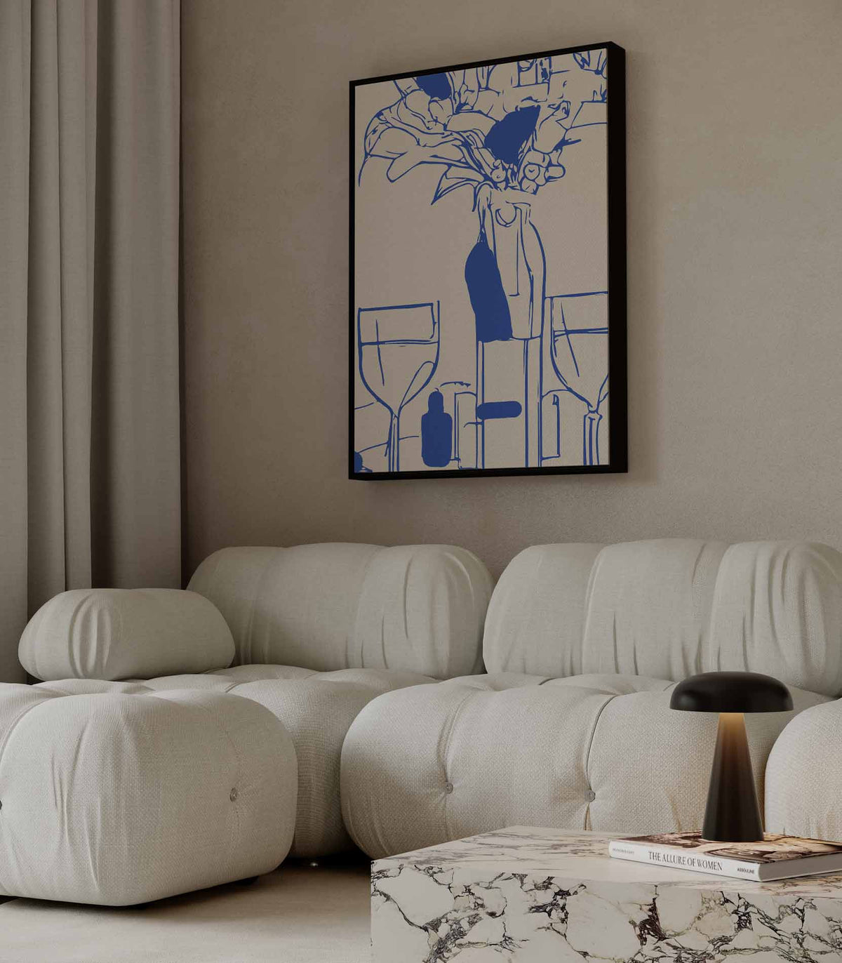 Moderne Tafelsetting in Blauwe Lijntekening – modern portret kunstwerk van WallArtistic