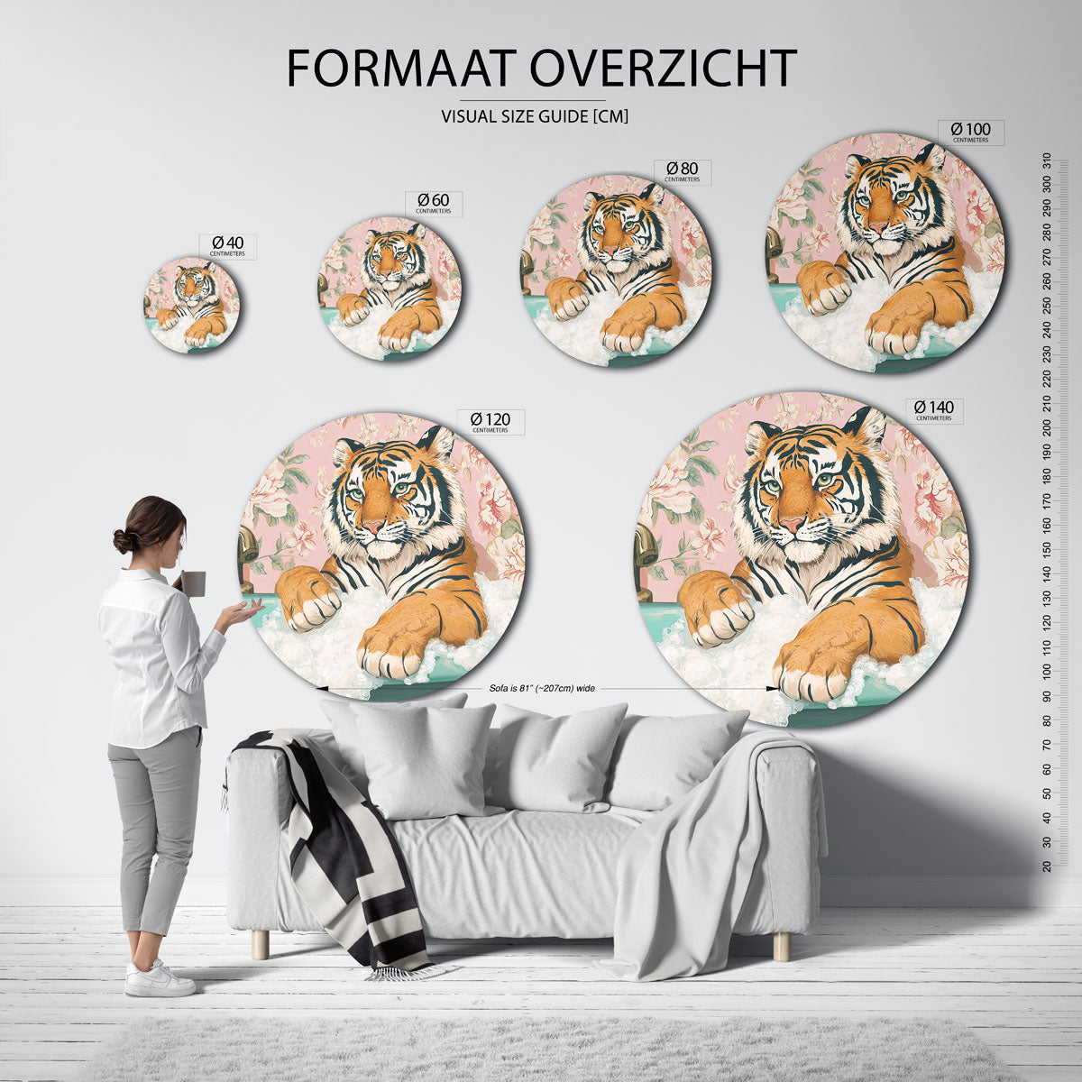 Tijger in bad – ronde muurcirkel met kleurrijke illustratie
