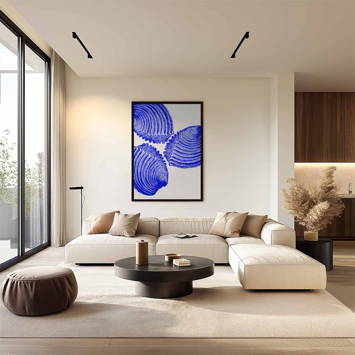 Blauwe Schelp Trio Kunstwerk – plexiglas wanddecoratie in portret formaat
