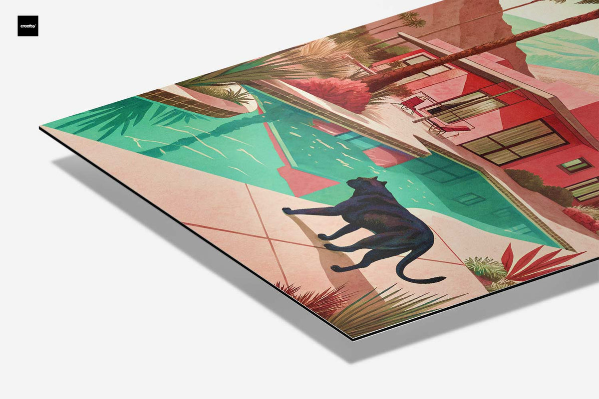 Casa da sogno moderna con opera d'arte di un gatto nero