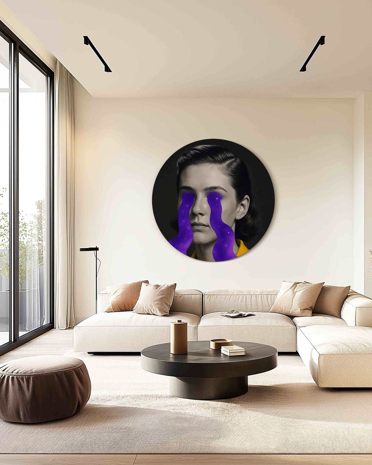 Portret met paarse vormen Muurcirkel