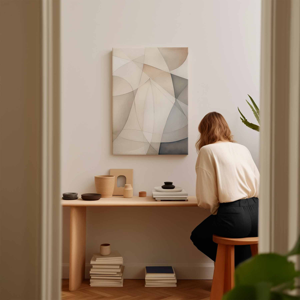 Subtiele Abstractie in Neutrale Tinten – dibond wanddecoratie in staand formaat