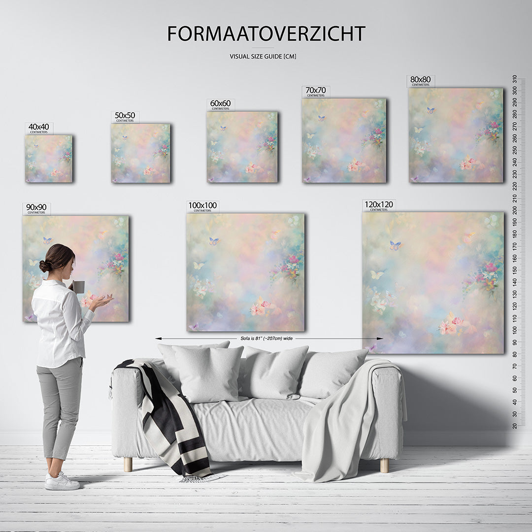 Dromerige vlinders kunstwerk – materiaalweergave – dit kunstwerk toont een zachte compositie van vlinders en bloemen in