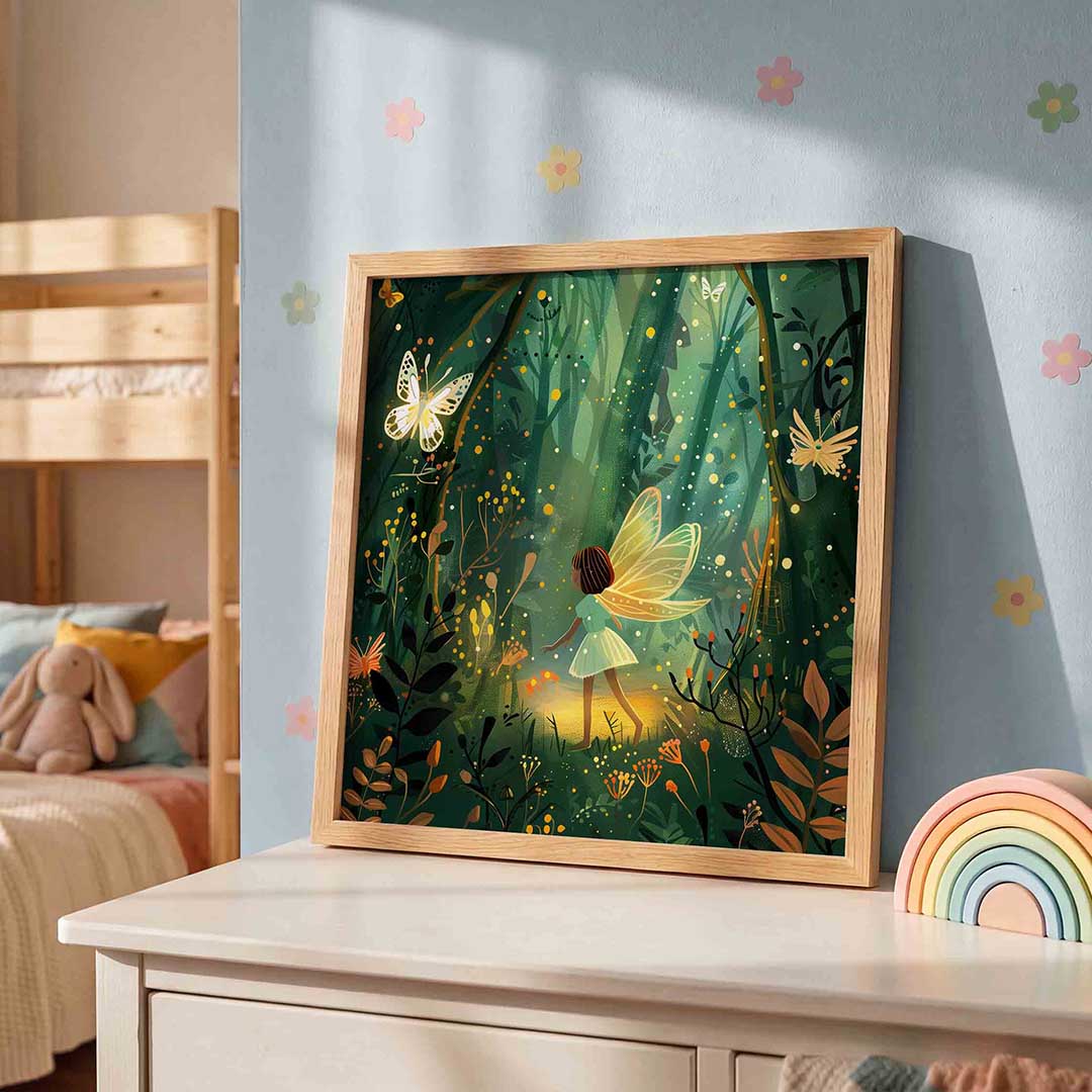 Vleugels en bos – speelse wandkunst als vierkante kinderposter