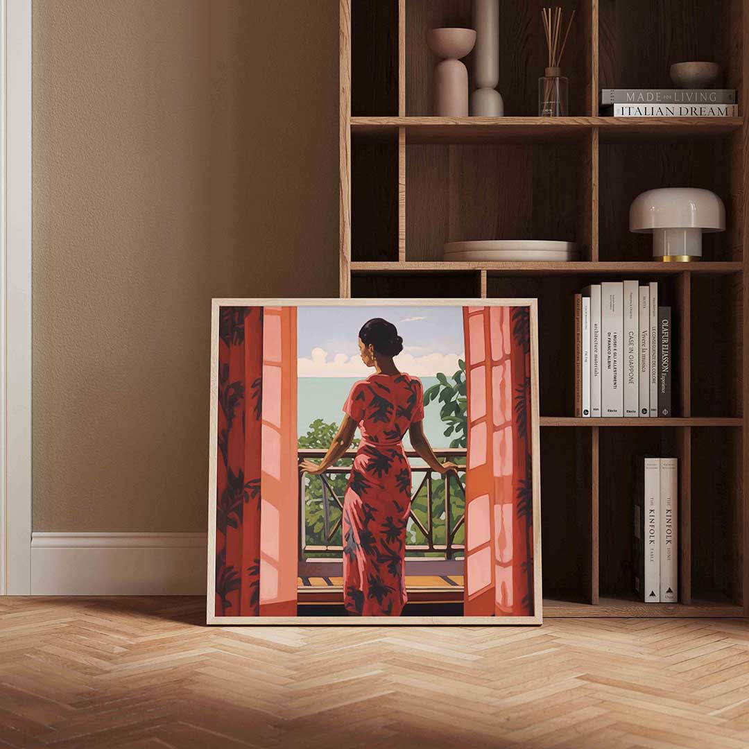 Vrouw op balkon – portret poster in vierkant formaat