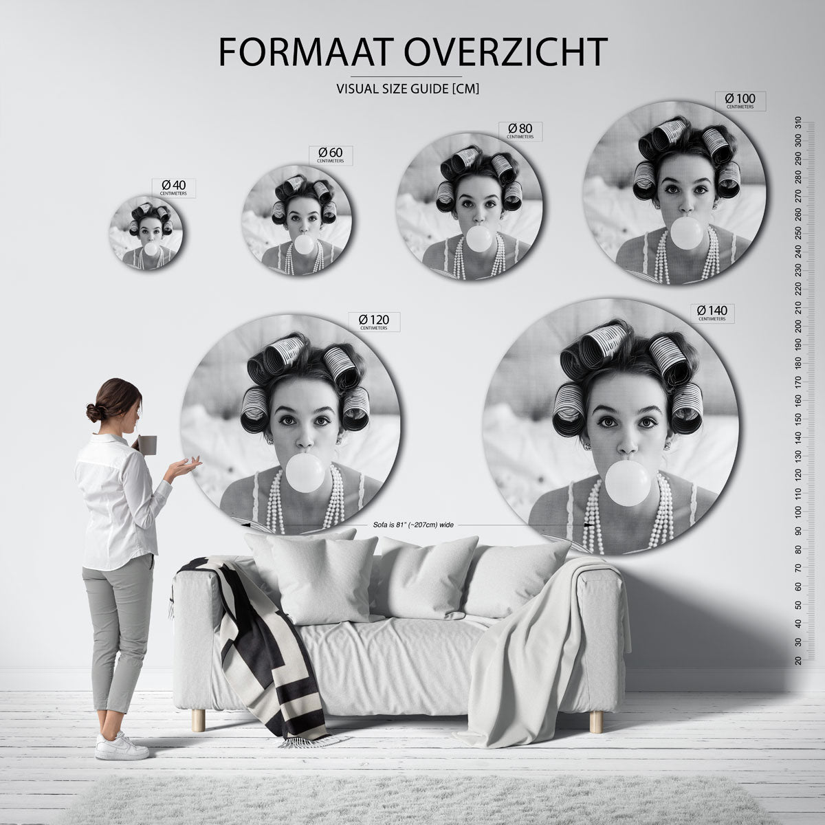 Meisje met krulspelden – kleurrijke ronde muurdecoratie in Pop Art stijl