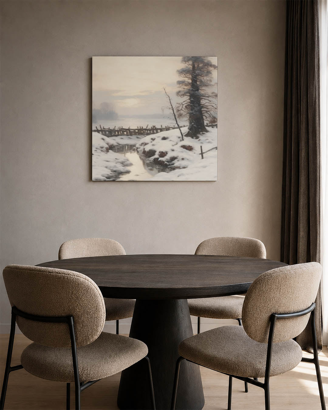 Winterlandschap met sneeuw kunstwerk – vierkante wanddecoratie – dit werk toont een serene winterse scène met een besneeuwd