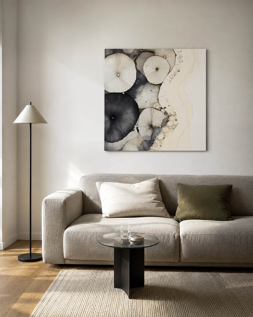 Organische vormen kunstwerk – vierkante wanddecoratie – dit werk toont vloeiende lijnen en cirkelvormige patronen in