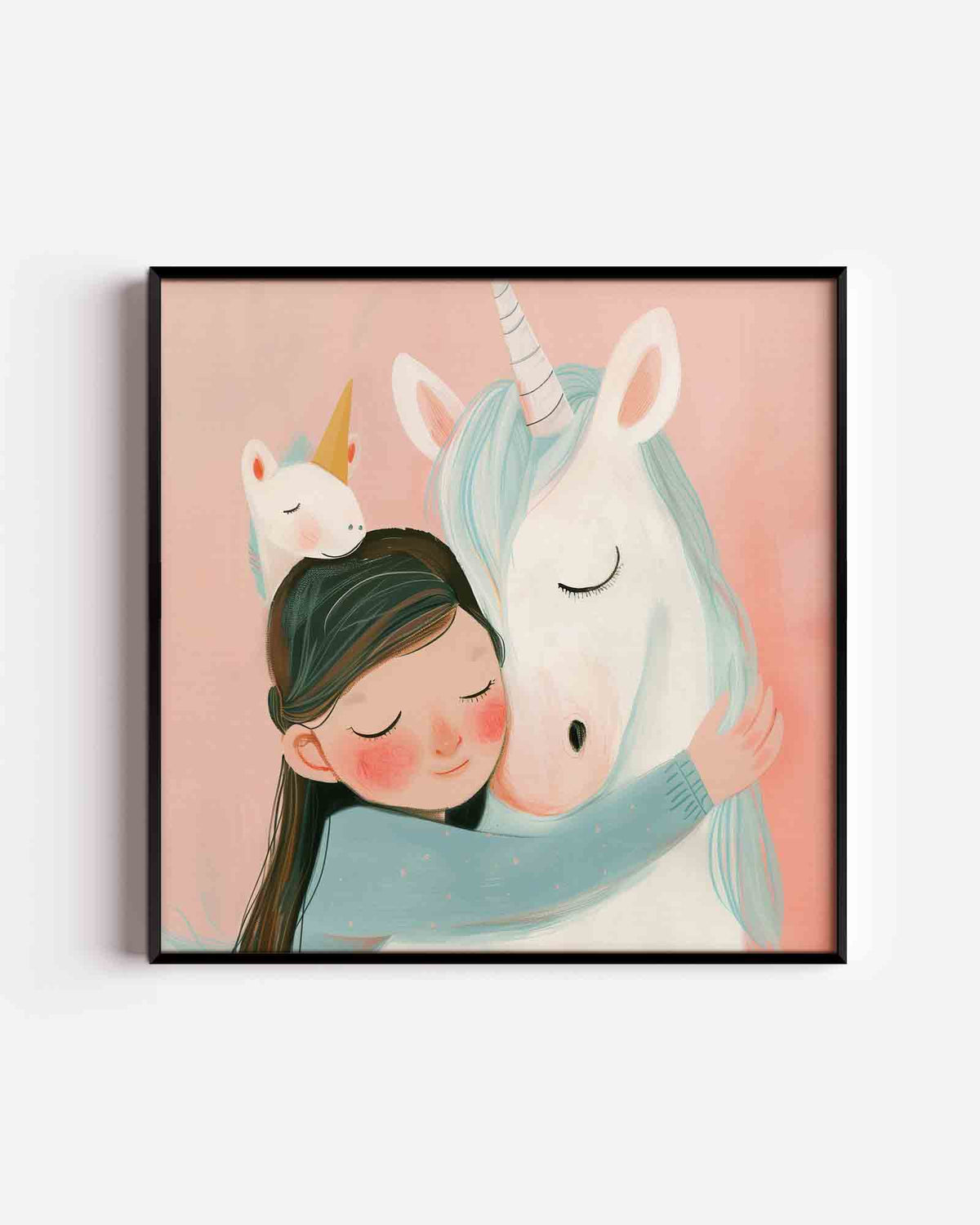 Meisje met eenhoorn – vierkante kinderposter als wanddecoratie