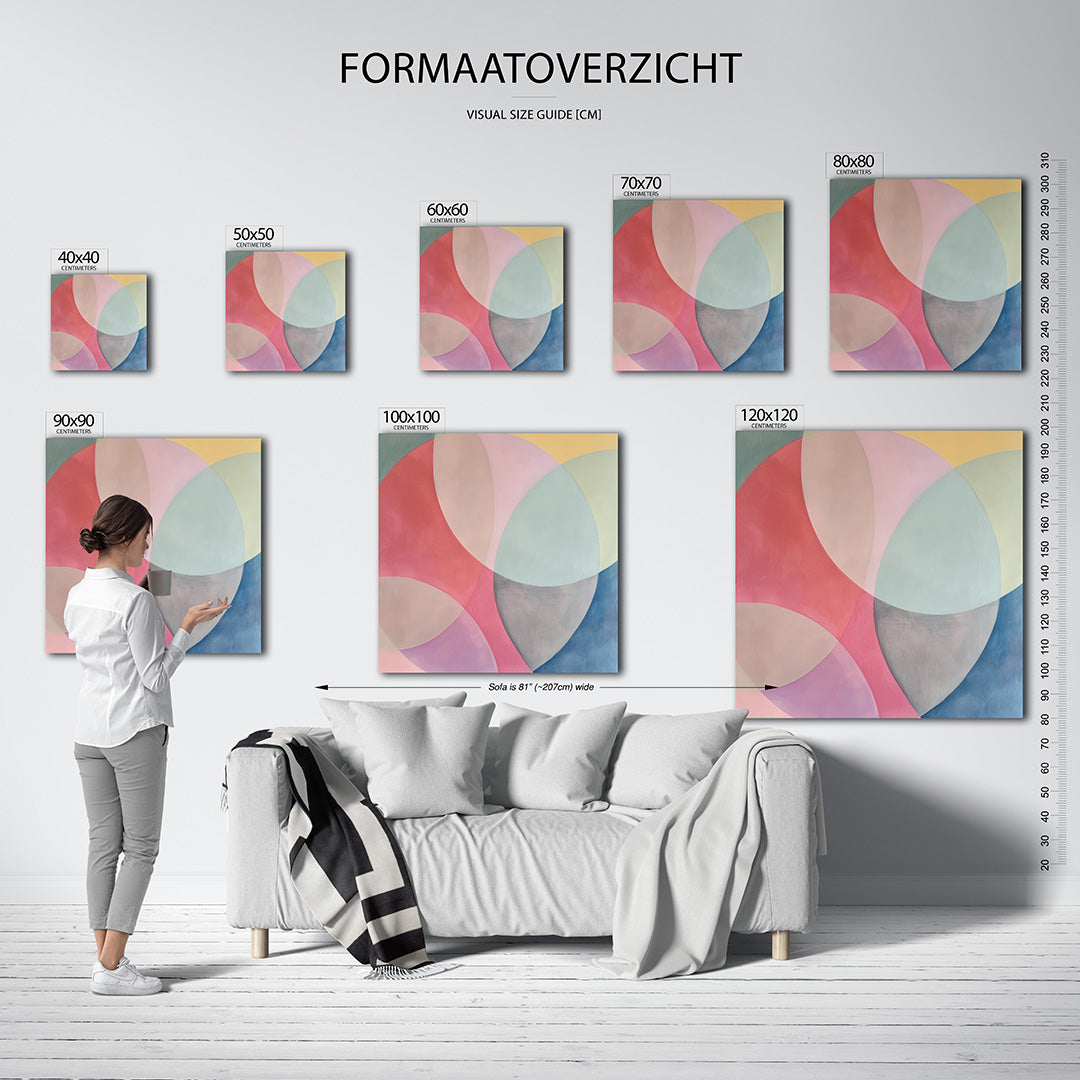 Kleurrijke vormen kunstwerk – materiaalweergave – dit werk toont overlappende cirkels in zachte tinten, met vloeiende