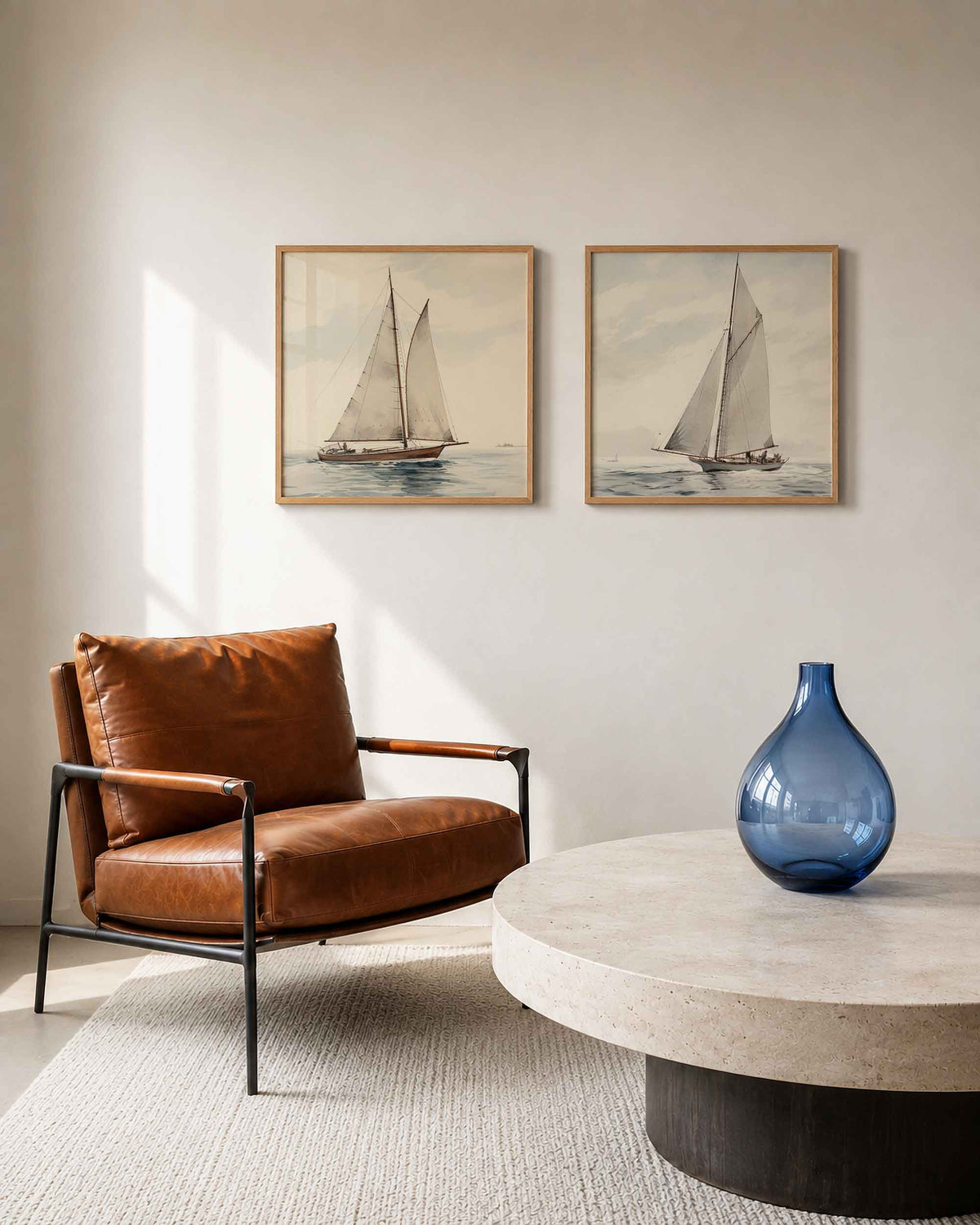 Interieurpresentatie van een tweedelige vierkante posterset met zeilboten op zee