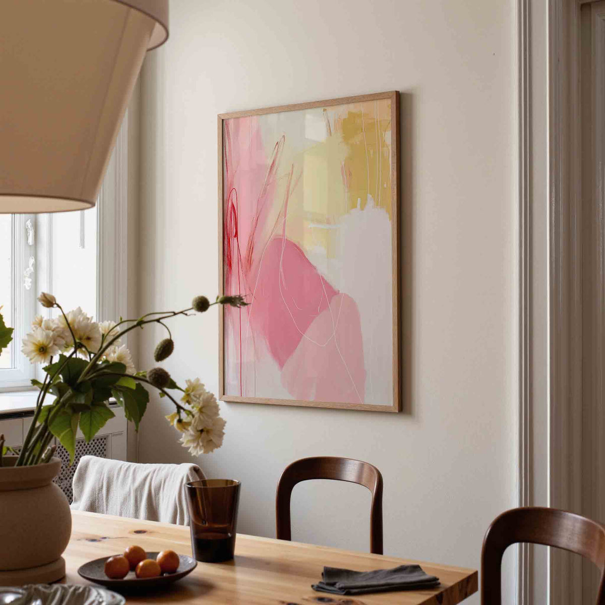 Abstracte roze en gele – kunst en design poster in portret formaat