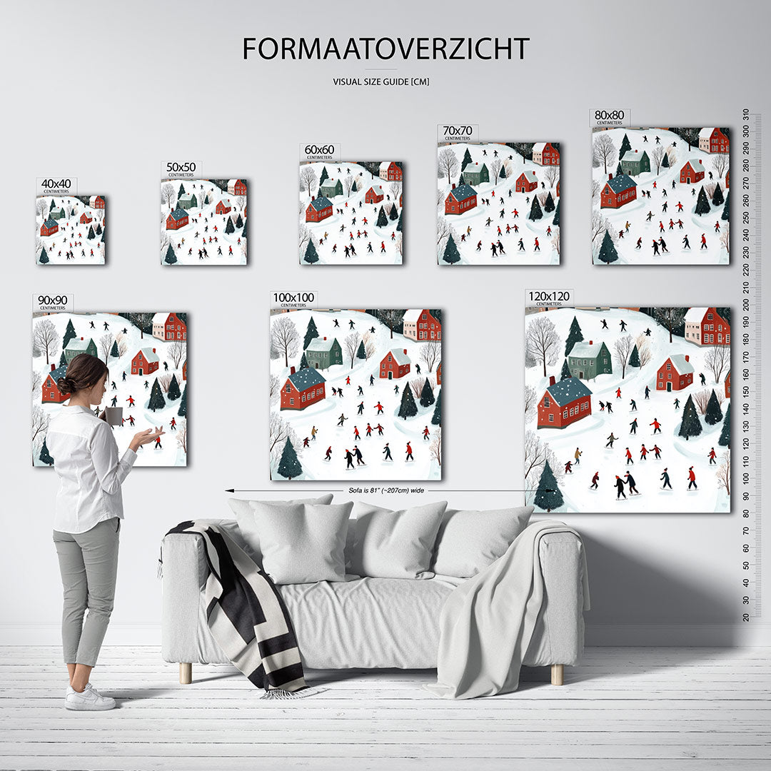 Winterse ijsschaatsers kunstwerk – sfeerbeeld – dit kunstwerk toont een levendig wintertafereel met schaatsers op een