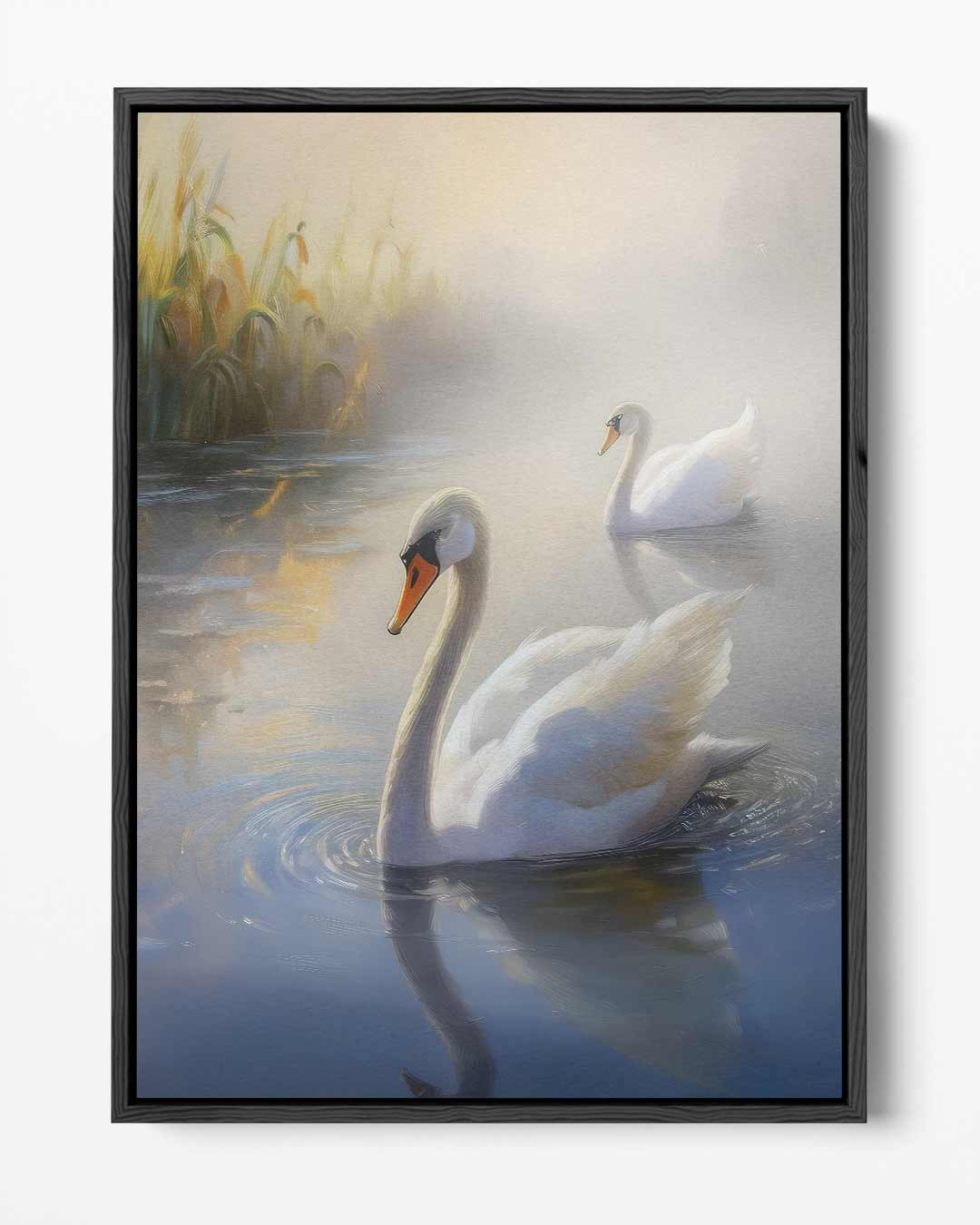 Elegante Zwanen in de Ochtendnevel – portret kunstwerk als wanddecoratie