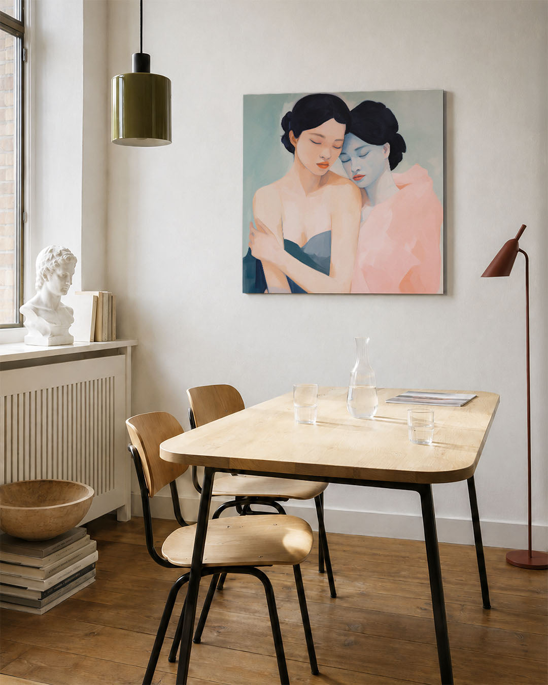Intieme omhelzing kunstwerk – vierkante wanddecoratie – dit kunstwerk toont twee figuren in een zachte omhelzing, met