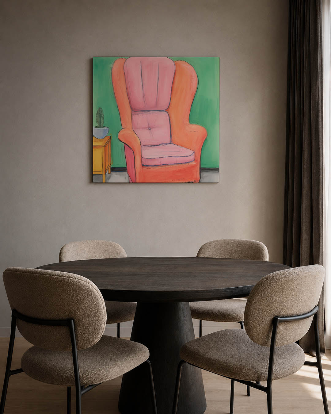 Kleurrijke interieur scène kunstwerk – tweede productweergave – dit kunstwerk toont een levendige stoel in roze en orange